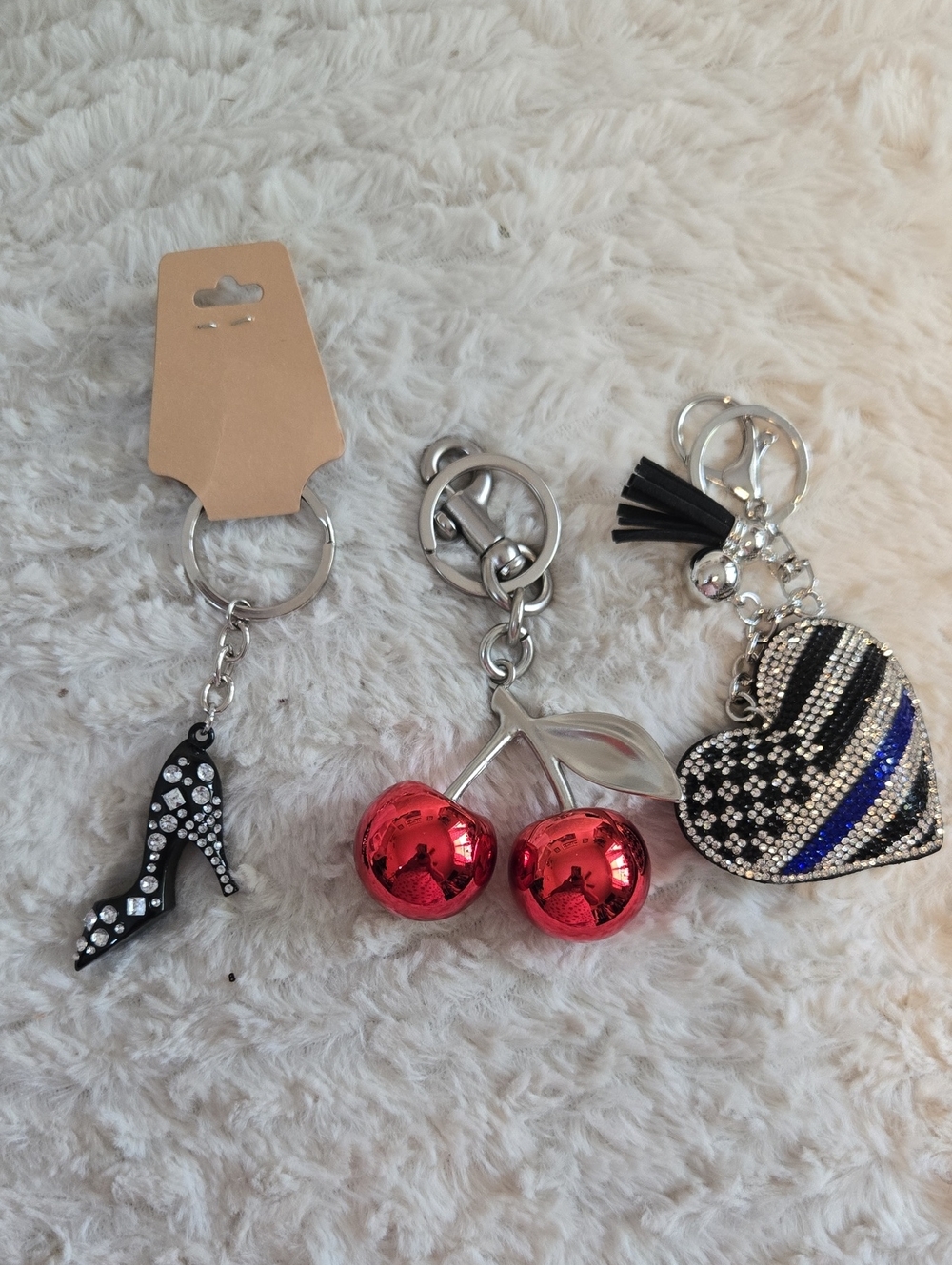 Rhinestone High Heel, Cherry & Heart Keychain Set - Black, Red, Blue